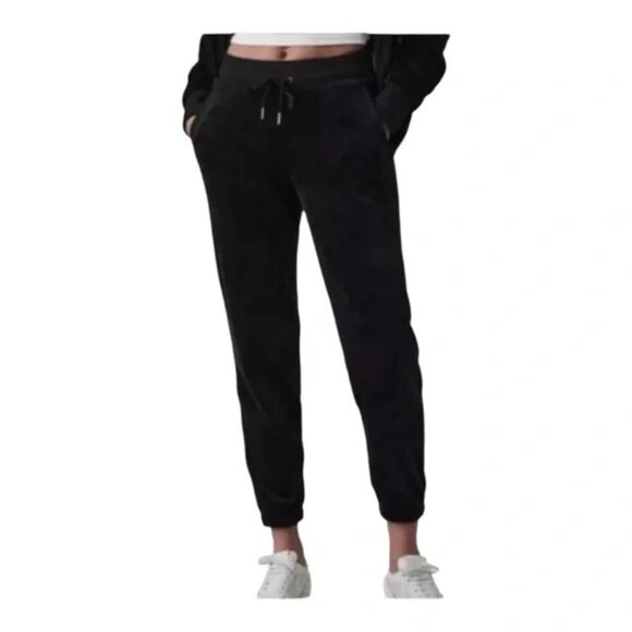 Athleta Double Cozy Karma Jogger Pants M Black Velour Fleece Lined Warm Bottoms - Picture 1 of 12